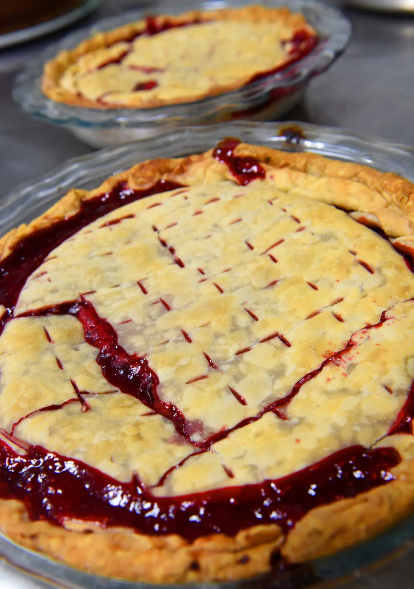 Two lattice-top raspberry pies baked by Pat "Mama Bear" Payne